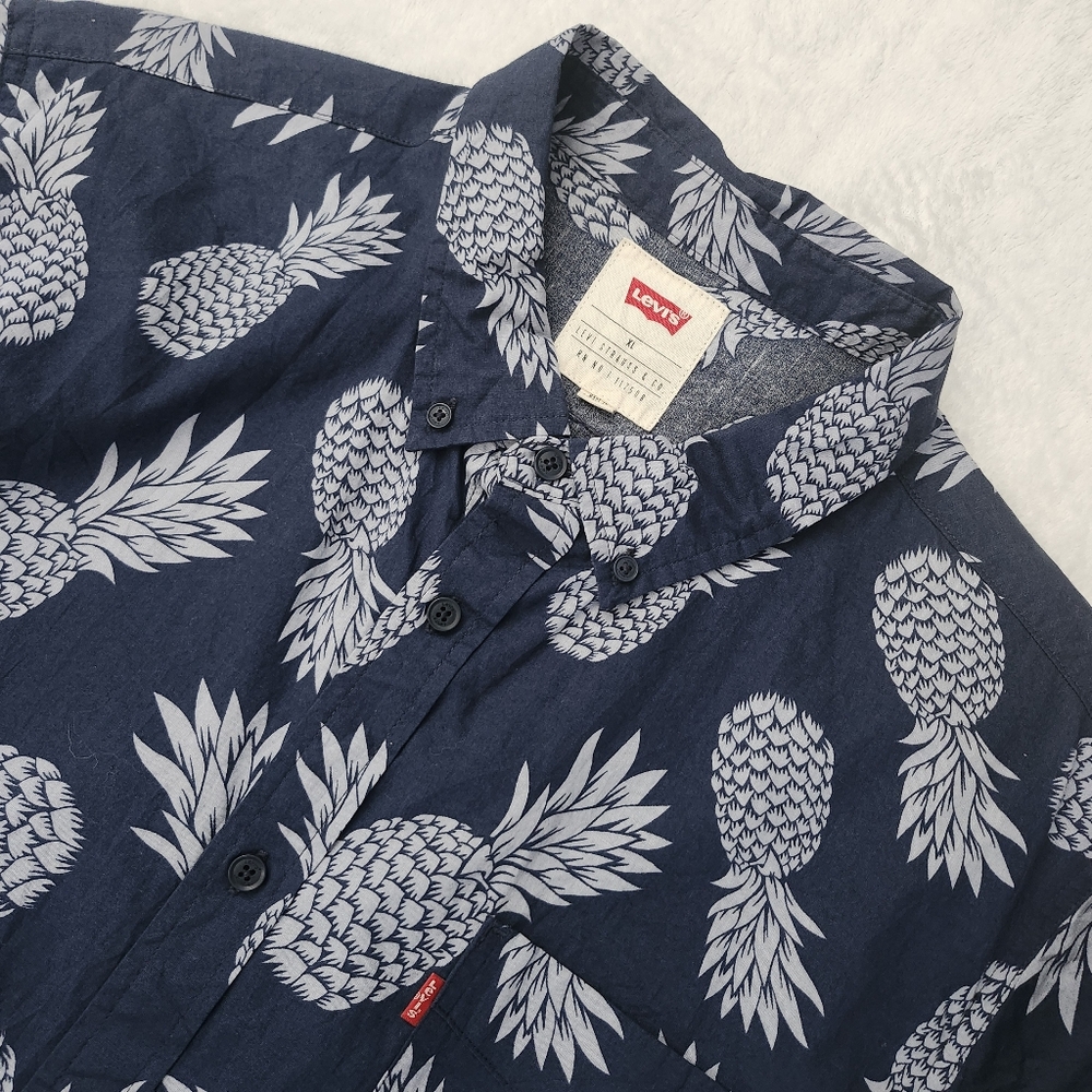 LEVI'S‎ Men's Navy Blue Pineapple Print Short Sleeve Cotton Button Down Shirt XL